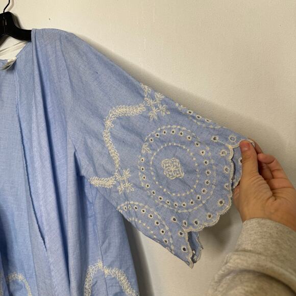 2/$25 Time & Tru Blue Embroidered Hem Feminine Boho Lightweight Floral Kimono - Picture 6 of 10